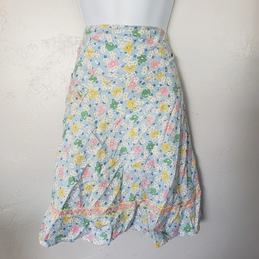 Vintage Handmade Skirt Waist Apron Floral Print Ric-Rac Pink Blue Yellow Green